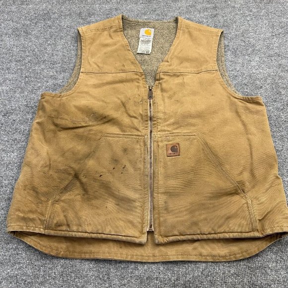 Carhartt Canvas Duck Vest Men Large Full Zip Sherpa Lined Distress Brown V26 CML - Picture 3 of 13